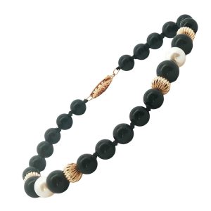14K YELLOW GOLD BLACK CHALCEDONY & CULTURED PEARL BRACELET