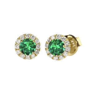 14K YELLOW GOLD EMERALD DIAMOND STUD EARRINGS