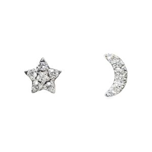 14K WHITE GOLD DIAMOND MOON & STAR STUD EARRINGS