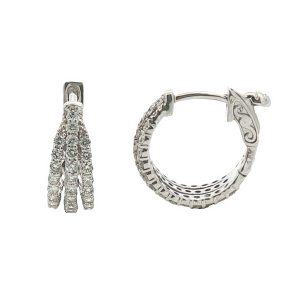 14K WHITE GOLD 3-ROW DIAMOND HUGGIE HOOP EARRINGS