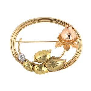 14K YELLOW ROSE & WHITE GOLD RETRO VINTAGE DIAMOND FLORAL PIN