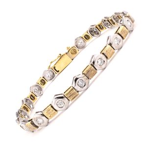 18K WHITE & YELLOW GOLD VINTAGE HEXAGON & BAR LINK DIAMOND BRACELET