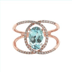 14K ROSE GOLD OVAL AQUAMARINE & DIAMOND RING