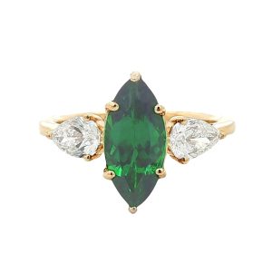 14K YELLOW GOLD MARQUISE TSAVORITE & PEAR-SHAPED DIAMOND RING