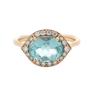 14K YELLOW GOLD OVAL AQUAMARINE DIAMOND RING