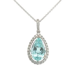 14K WHITE GOLD PEAR-SHAPED AQUAMARINE DIAMOND PENDANT