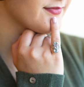 White gold vintage filigree ring with 2 hexagonal aquamarines