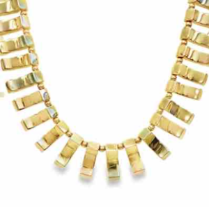 14 Karat yellow & rose gold Retro vintage “Mossalone, M. C.” alternating concave bar link and beads festoon necklace.