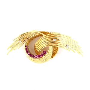 18K YELLOW & WHITE GOLD RUBY DIAMOND SPRAY KNOT PIN
