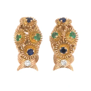18K YELLOW & WHITE GOLD VINTAGE EMERALD SAPPHIRE & DIAMOND FLORAL EN TREMBLANT EARRINGS