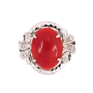 14K WHITE GOLD VINTAGE CORAL & DIAMOND RING