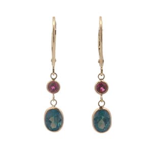 14K YELLOW GOLD LAB GROWN ALEXANDRITE & RHODOLITE DROP EARRINGS
