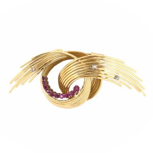 18K YELLOW & WHITE GOLD RETRO VINTAGE RUBY DIAMOND SPRAY KNOT PIN