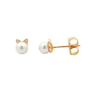 14K YELLOW GOLD CULTURED PEARL CAT STUD EARRINGS