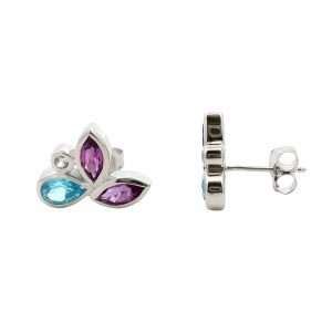 STERLING SILVER AMETHYST BLUE TOPAZ & WHITE TOPAZ STUD EARRINGS