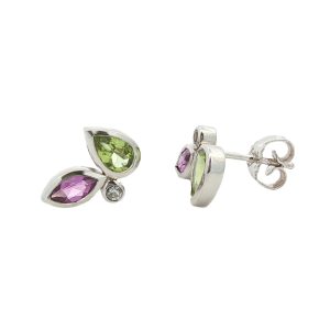 STERLING SILVER AMETHYST PERIDOT & WHITE TOPAZ STUD EARRINGS