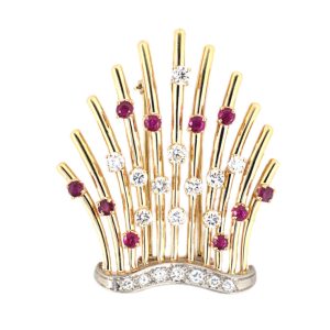 14K YELLOW GOLD & PLATINUM RETRO VINTAGE RUBY & DIAMOND SPRAY CLIP PIN