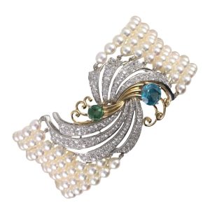 18K YELLOW GOLD & PLATINUM RETRO VINTAGE PEARL BLUE ZIRCON & GREEN TOURMALINE BRACELET