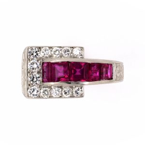 PLATINUM ART DECO VINTAGE CHASED RUBY & DIAMOND BUCKLE RING