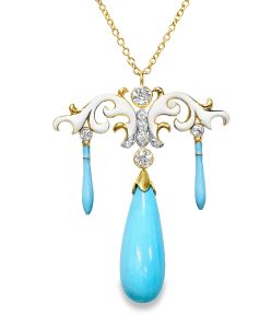 18K yellow gold & platinum enamel vintage turquoise pendant.