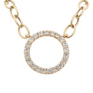 Diamond set yellow gold circle pendant on a heavy chain.