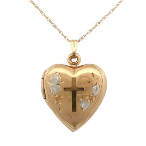 18K YELLOW & WHITE GOLD VINTAGE CROSS HEART LOCKET PENDANT