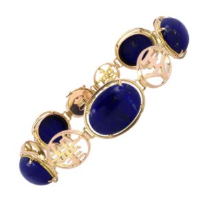 14K YELLOW GOLD VINTAGE CHINESE LAPIS "BEST WISHES" BRACELET