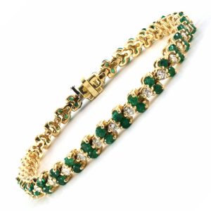 18K YELLOW GOLD VINTAGE EMERALD DIAMOND TENNIS BRACELET