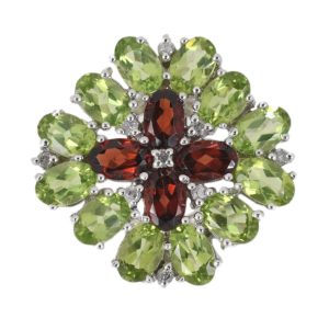 14K WHITE GOLD VINTAGE PERIDOT GARNET & DIAMOND DINNER RING