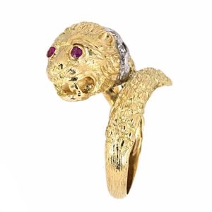 14K YELLOW & WHITE GOLD VINTAGE DIAMOND & RUBY LIONS HEAD RING