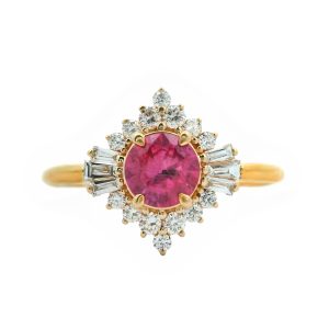 14K yellow gold pink sapphire diamond ring.