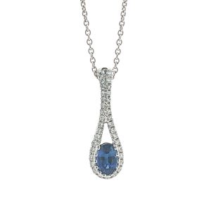 Elegant 18K white gold pendant with oval sapphire & 35 diamonds.