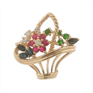 14K YELLOW GOLD VINTAGE RUBY SAPPHIRE EMERALD & DIAMOND BASKET PIN