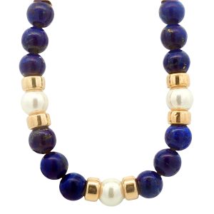 14K YELLOW GOLD PEARL & LAPIS BEAD NECKLACE