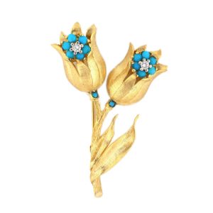 14K YELLOW GOLD VICTORIAN VINTAGE TURQUOISE & DIAMOND FLOWER PIN