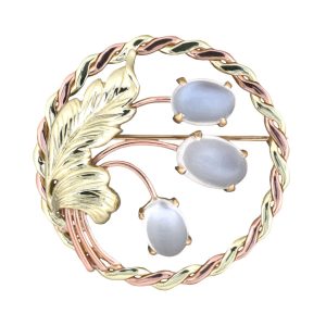 14K YELLOW & ROSE GOLD RETRO VINTAGE LEAF FLORAL CIRCLE PIN