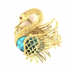 18K YELLOW GOLD VINTAGE TURQUOISE & RUBY SWAN PIN