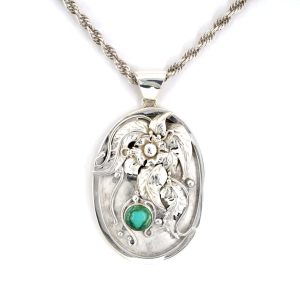 STERLING SILVER VINTAGE TURQUOISE FLORAL LEAF PENDANT
