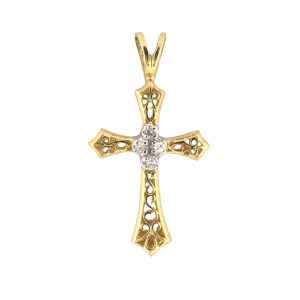 14K YELLOW & WHITE GOLD VINTAGE DIAMOND CROSS PENDANT
