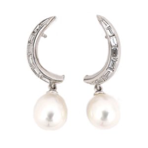 PLATINUM VINTAGE HARVEST MOON CULTURED PEARL & DIAMOND EARRINGS
