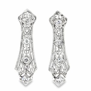 14K WHITE GOLD & PLATINUM ART DECO VINTAGE DIAMOND DROP EARRINGS