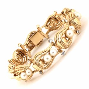 14K YELLOW GOLD VINTAGE CULTURED PEARL DIAMOND BRACELET