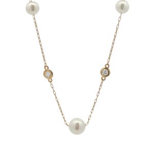 14K YELLOW GOLD DIAMOND & CULTURED PEARL NECKLACE