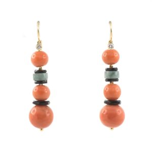 18K YELLOW GOLD VINTAGE DIAMOND CORAL ONYX & JADEITE DANGLE EARRINGS