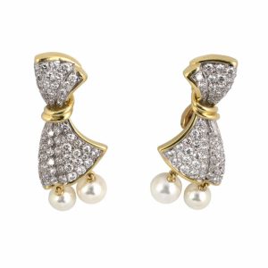 18K YELLOW & WHITE GOLD VINTAGE GUMUCHIAN PEARL & DIAMOND BOW EARRINGS