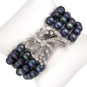 14K WHITE GOLD VINTAGE BLACK PEARL & DIAMOND BRACELET