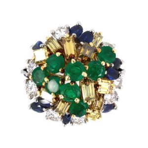 PLATINUM & 18K YELLOW GOLD VINTAGE DIAMOND, YELLOW DIAMOND, EMERALD & SAPPHIRE RING
