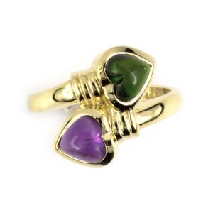 18K YELLOW GOLD VINTAGE AMETHYST GREEN TOURMALINE BYPASS HEART RING