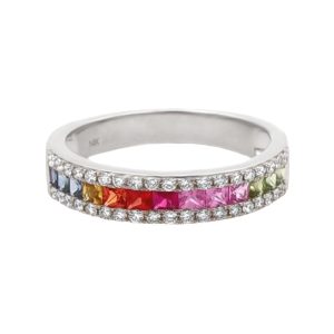14K WHITE GOLD RAINBOW SAPPHIRE & DIAMOND RING