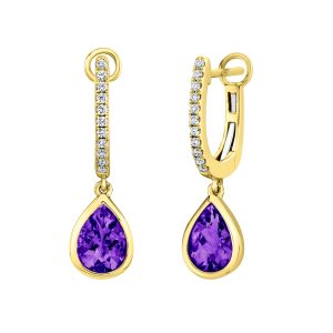 14K YELLOW GOLD AMETHYST & DIAMOND DROP EARRINGS